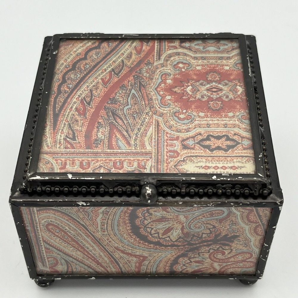 Vintage Jewelry Box Paisley Printed Glass Metal Footed Trinket Keepsake Holder